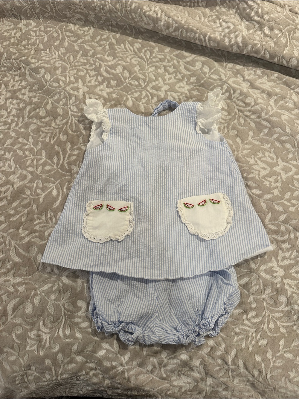 Proper Peony Blue Seersucker set with Watermelon Pocket Detail